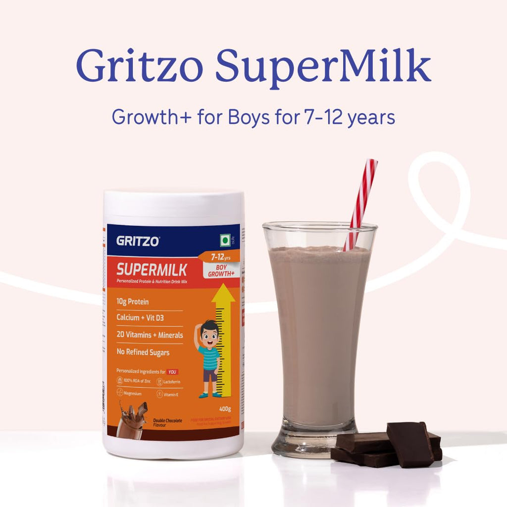 Gritzo SuperMilk Height+ (7-12y Boys), 10g Protein Powder - Double Chocolate | Grocsy