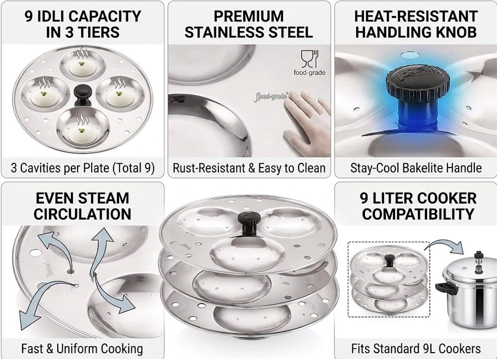 Dynore Stainless Steel Idli Stand Idli Maker 3 x 3 Plates (9 Idli), 9 liter, Silver | Grocsy
