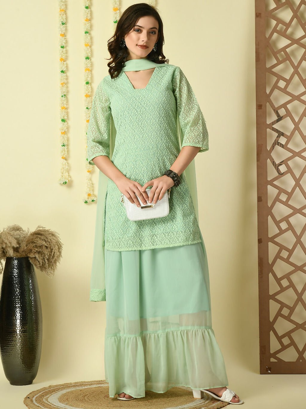 Myshka Women's Green Georgette Kurti & Skirt With Dupatta Party Sets | Grocsy