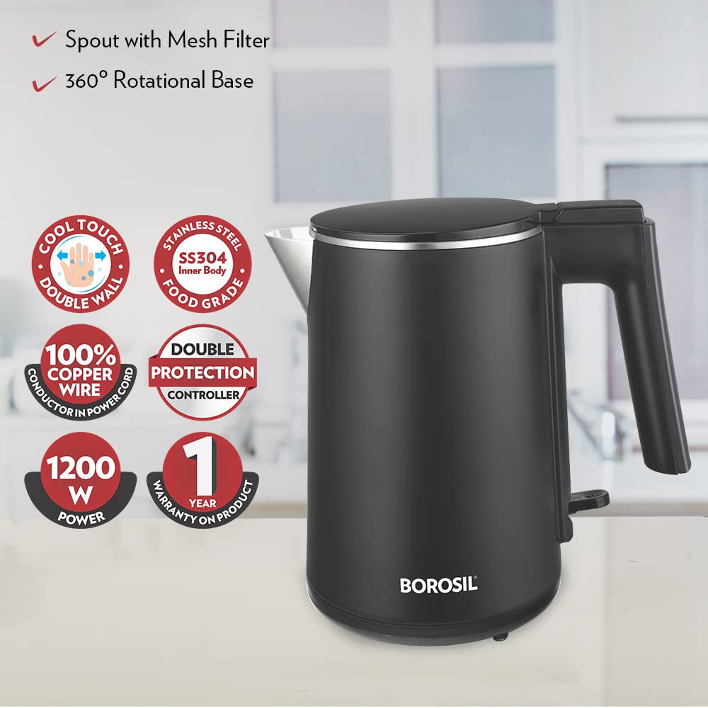 Borosil 1 L 1200W Stainless Steel Cool touch Electric Kettle | Grocsy