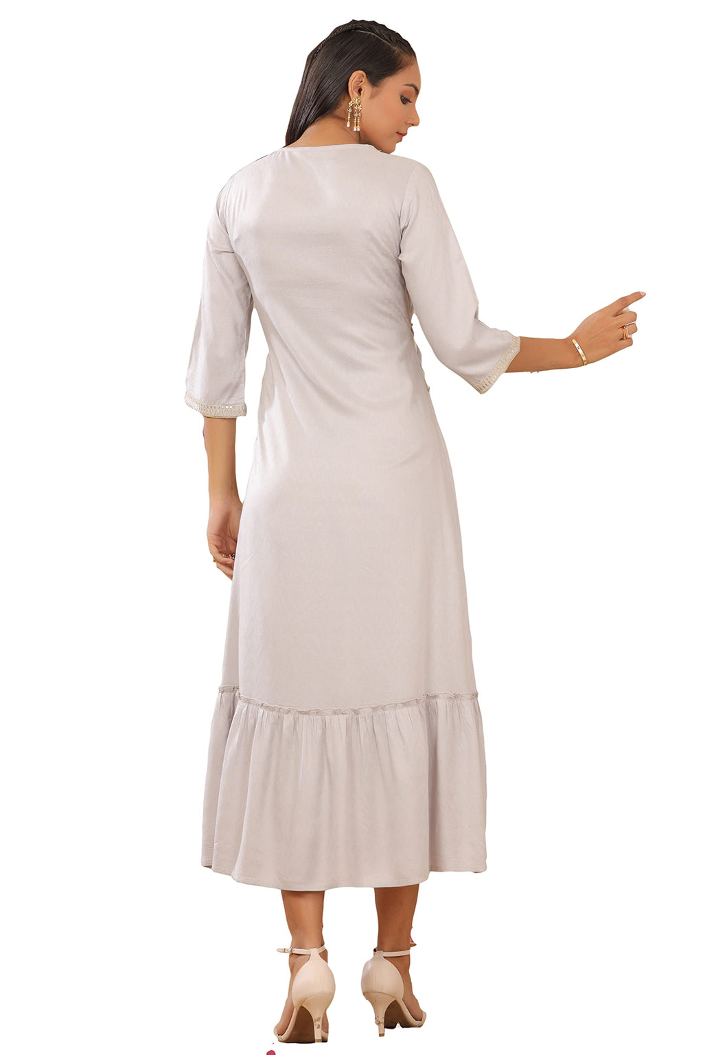 Juniper Women's Grey Zari Embroidered Rayon Dobby Maxi Dress | Grocsy