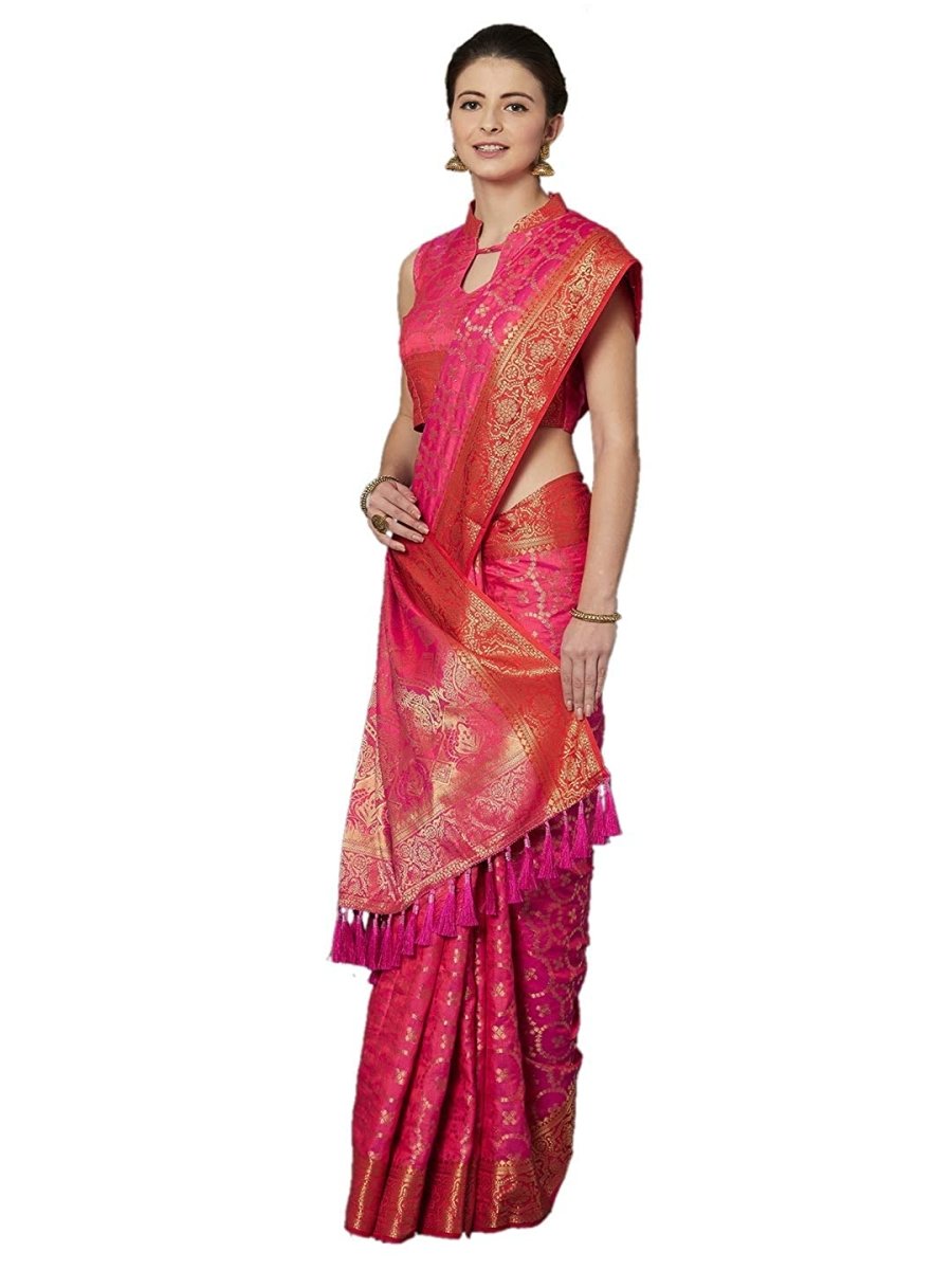 Akhilam Women's Jacquard Kanjivaram Silk Saree With Unstitched Blouse | Grocsy