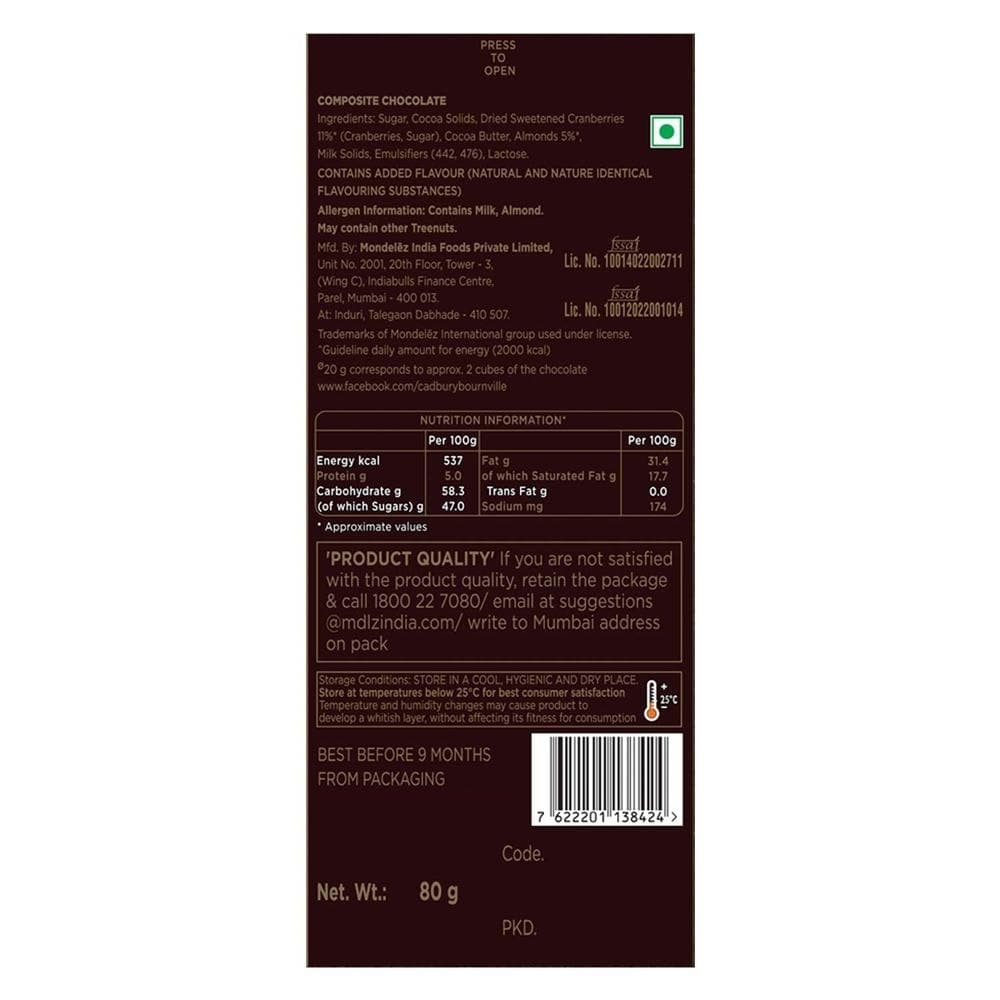 Cadbury Bournville Dark Chocolate Bar with Cranberry, 80g (Pack of 5) | Grocsy