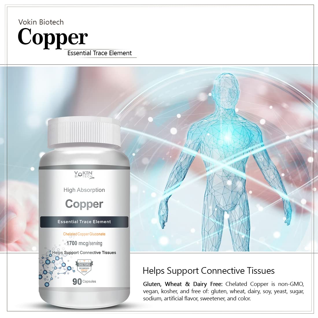 Vokin Biotech Chelated Copper Gluconate – Support Connective Tissues –1700mcg | Grocsy