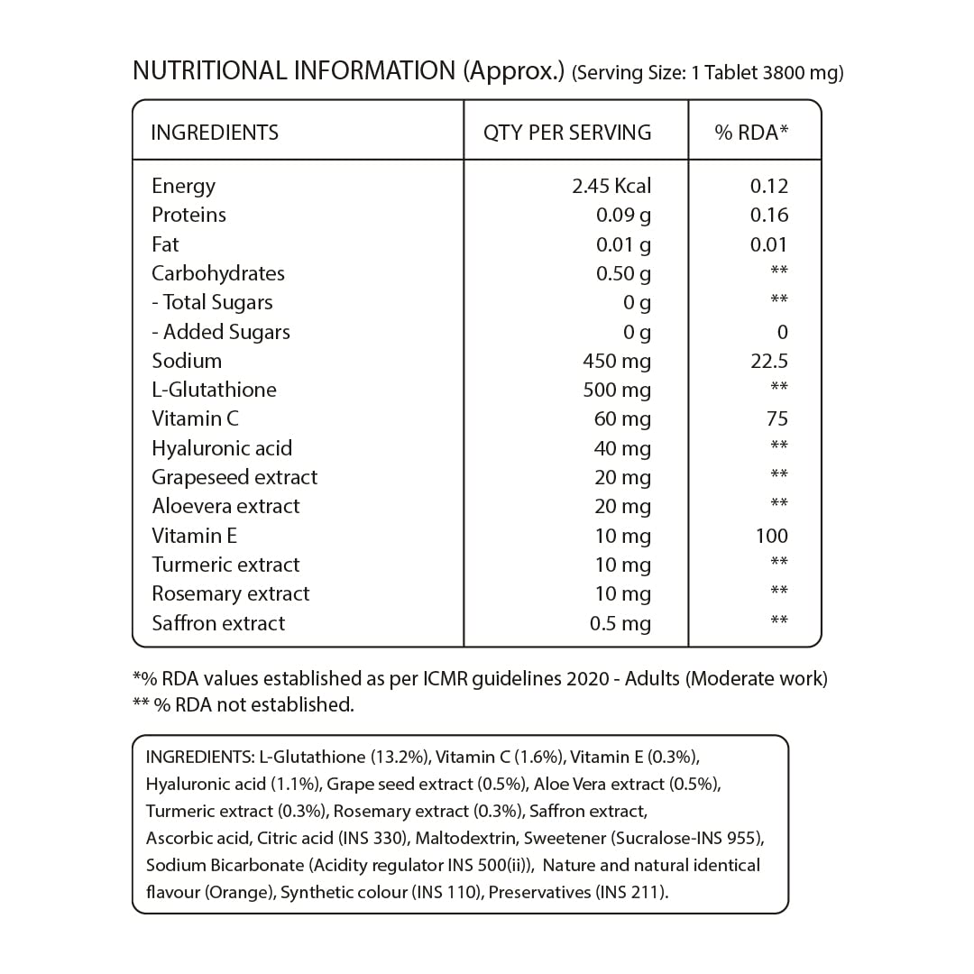 Pure Nutrition Glutathione 500mg with Vitamin C & Saffron Effervescent Tablets | Grocsy