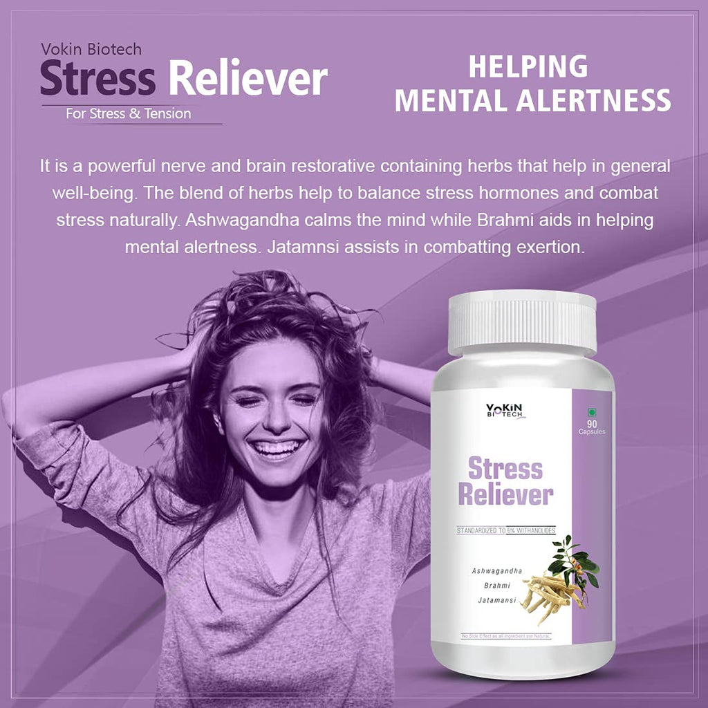 Vokin Biotech Stress Reliever Capsule Support for Stress, Fatigue and Tension (Gold standard Ashwagandha, Brahmi, Jatamansi- General Wellness | Grocsy