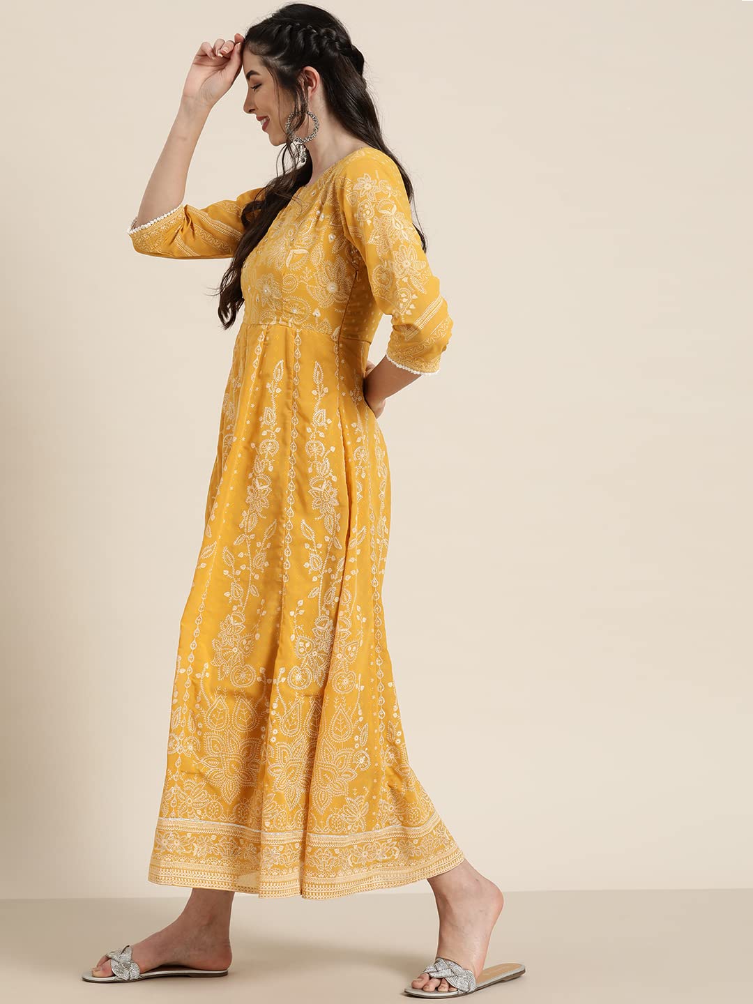 Juniper Women's Yellow Floral Printed Georgette Maxi Dress With Beads Kantha Work & Sequins At Neckline | Grocsy