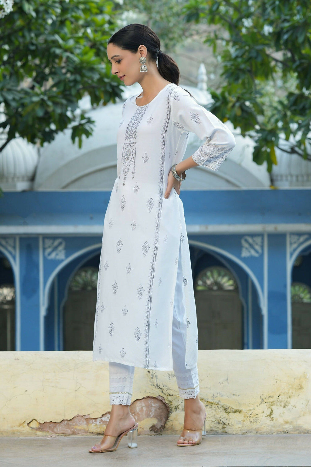 Juniper Women's White Rayon Placement Printed Straight Kurta | Grocsy