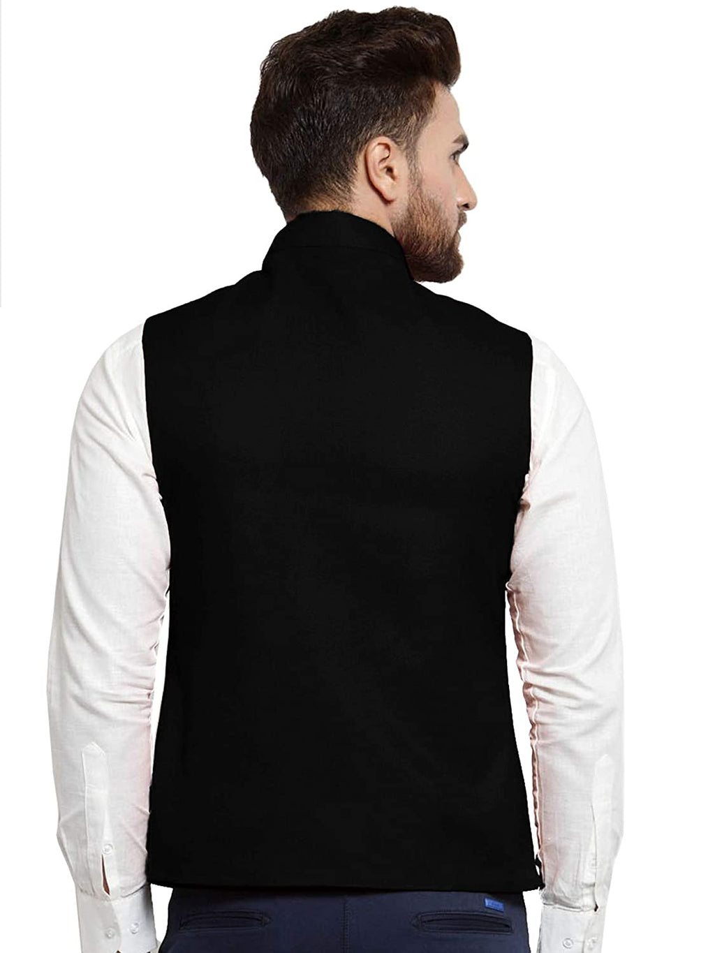 Vastraa Fusion Men's Cotton-Blended Mate Black Nehru Jacket/Waistcoat | Grocsy