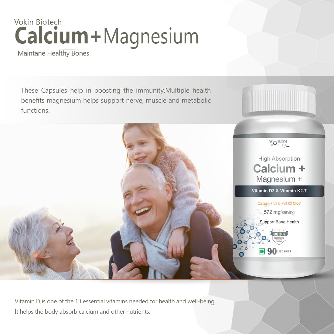 Vokin Biotech Calcium with Magnesium, Vitamin D3 & Vitamin K2- Mk-7 - Support Bone Health- 572mg | Grocsy