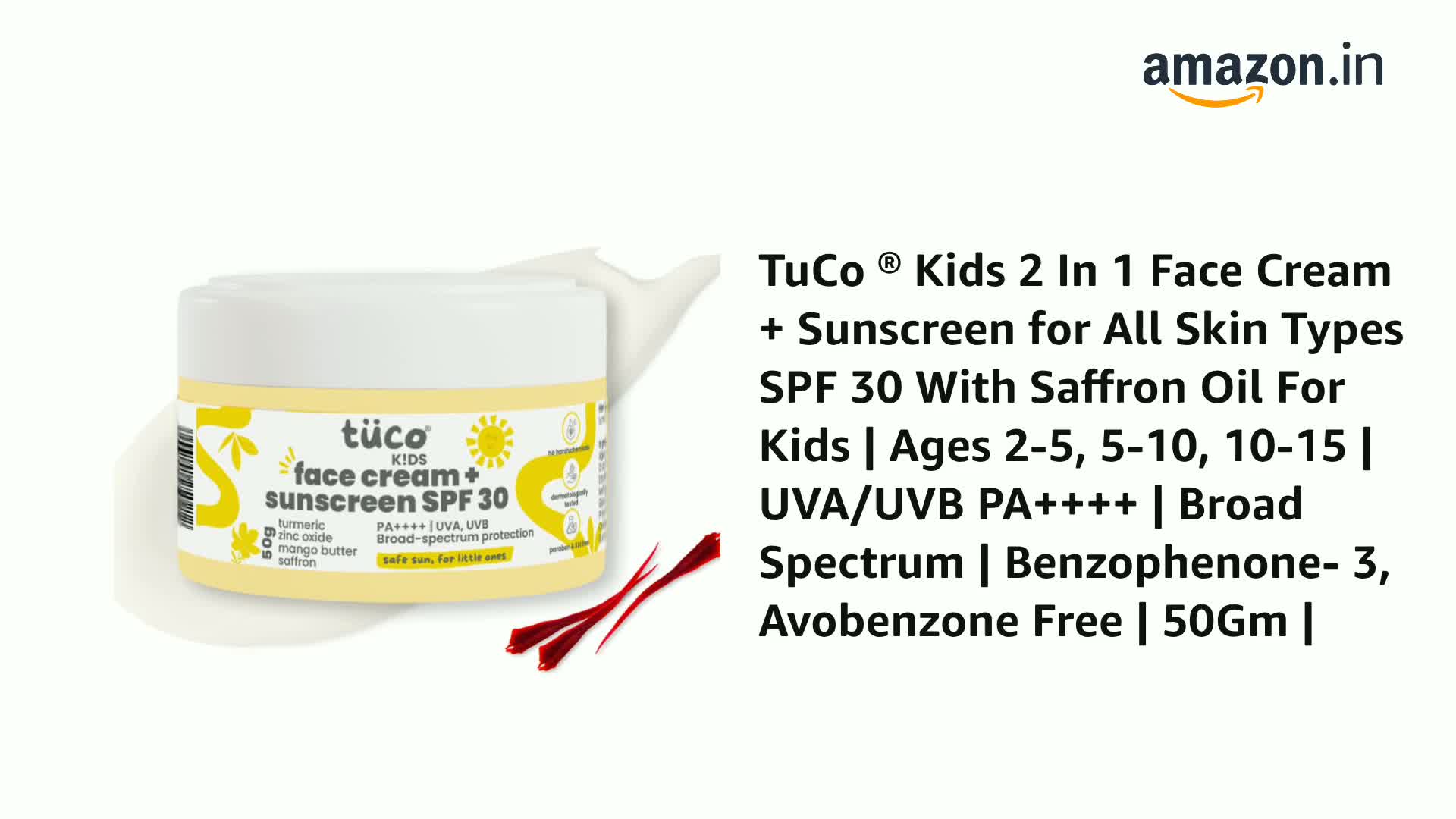 TuCo Intelligent Kids 2-in-1 Saffron Face Cream Plus Sunscreen For Sun Protection And Glow | Grocsy