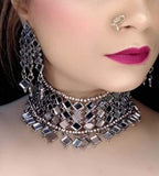 Silver-Plated Alloy Kundan Studded Oxidised Choker Necklace - The Pari | Grocsy