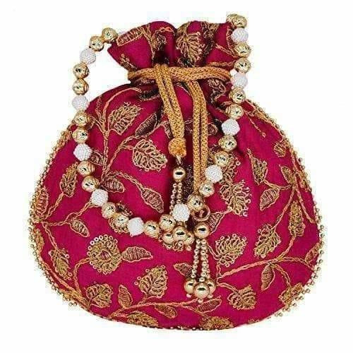Ethnic Silk Potli bag Clutch Batwa Pouch with Embroidery and Metal Bead work Gift For Women | Grocsy