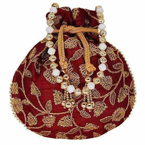 Ethnic Silk Potli bag Clutch Batwa Pouch with Embroidery and Metal Bead work Gift For Women | Grocsy