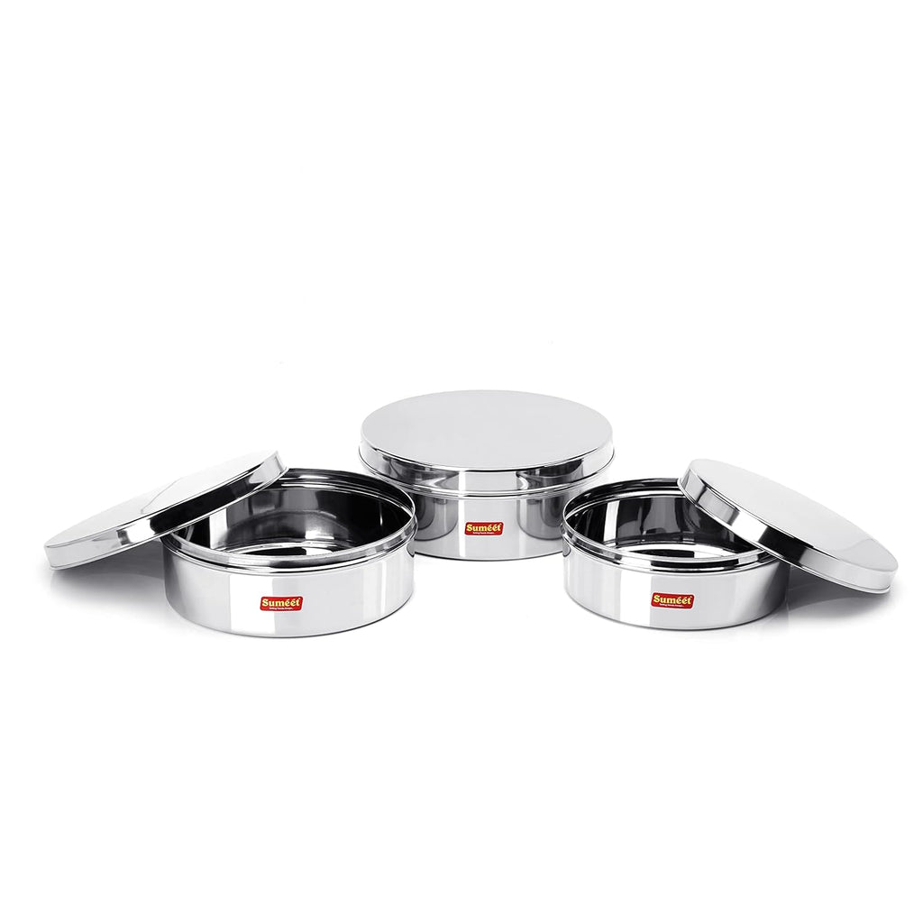 Sumeet Stainless Steel Flat Canisters/Storage Containers Set Of 3Pcs (1.5Ltr,2.1Ltr,2.7Ltr) | Grocsy