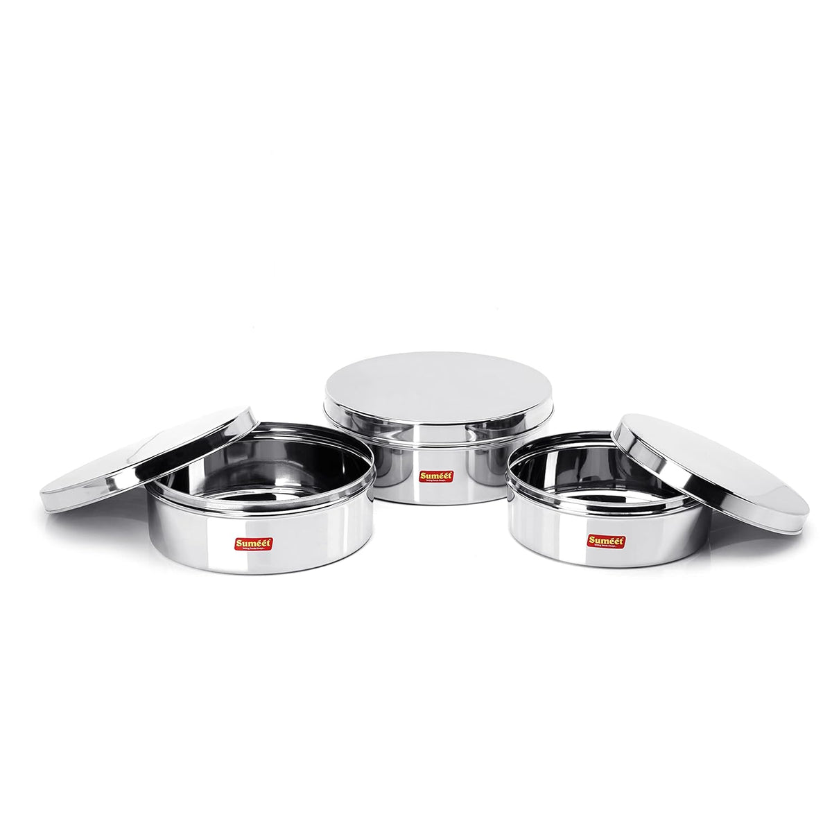 Sumeet Stainless Steel Flat Canisters/Storage Containers Set Of 3Pcs (1.5Ltr,2.1Ltr,2.7Ltr) | Grocsy