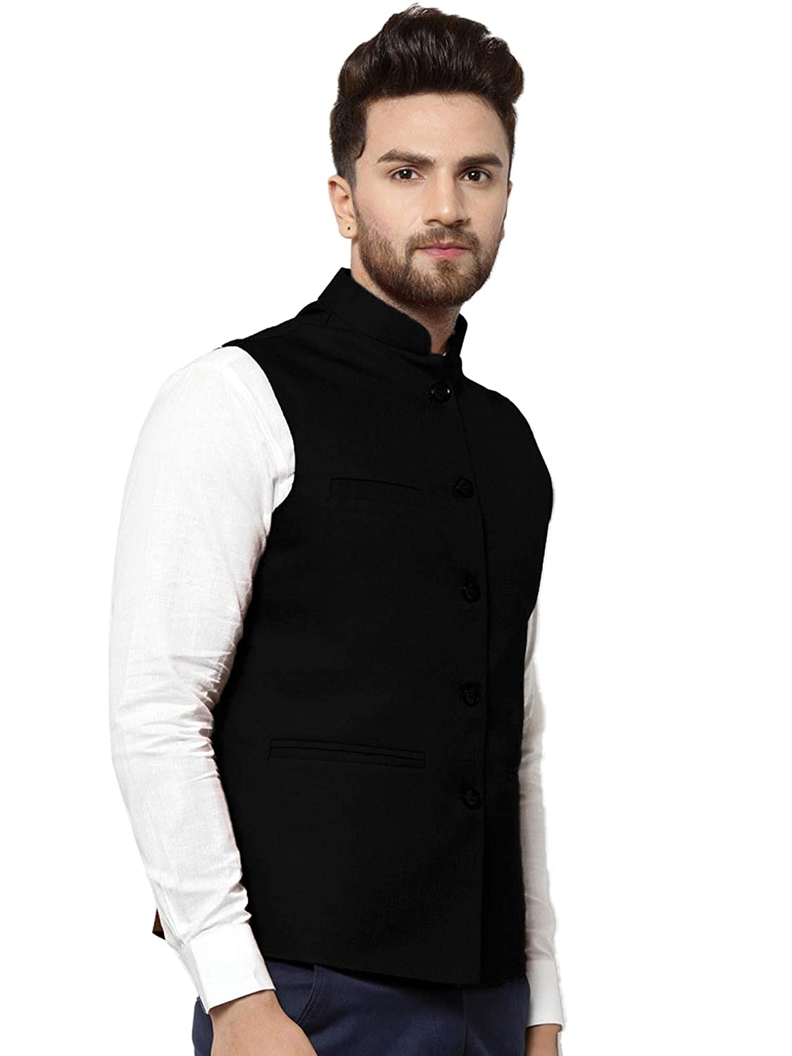 Vastraa Fusion Men's Cotton-Blended Mate Black Nehru Jacket/Waistcoat | Grocsy