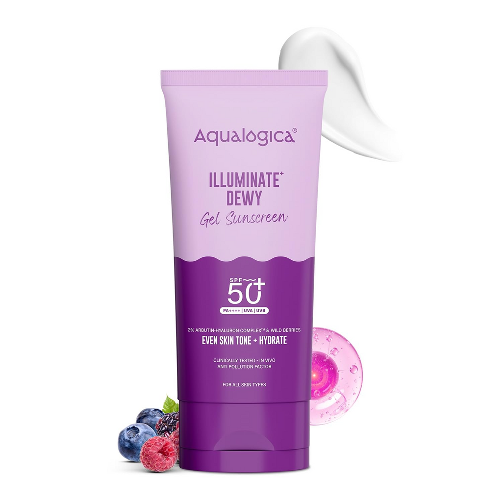 Aqualogica Illuminate+ Dewy Sunscreen SPF 50+ PA++++ with Wild Berries & Alpha Arbutin, Protection Against Uva/B & Blue Light Protection | Grocsy