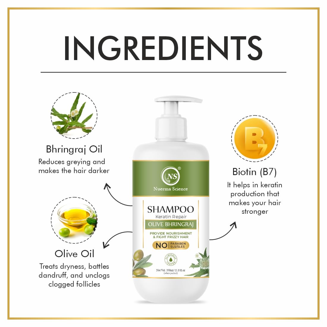 Nuerma Science Keratin Repair Natural Hairfall Control Olive Bhringraj Shampoo | Grocsy