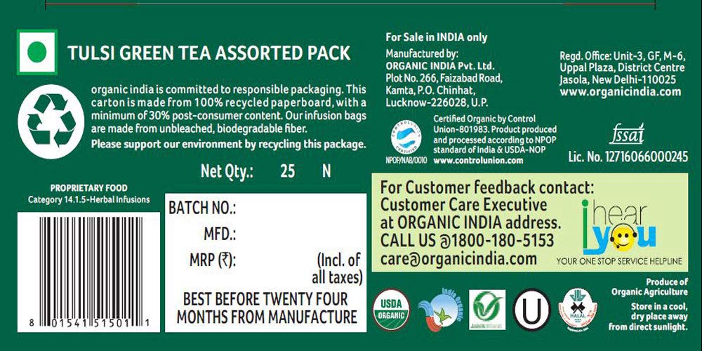 Organic India Tulsi Green Tea Assorted Tea Bags | Grocsy