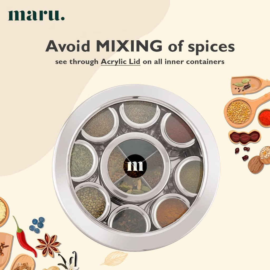 MARU Steel 12-in-1 Spice Box For Kitchen, Durable Masala Dani with Middle Partition Container | Grocsy