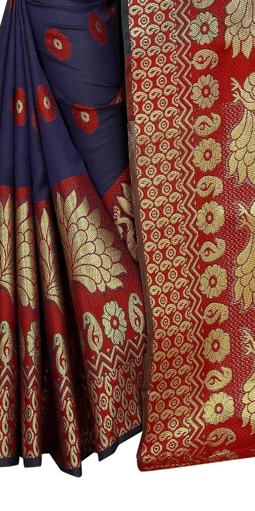 Vamika Banarasi Cotton Silk Navy Blue & Red Weaving Saree | Grocsy