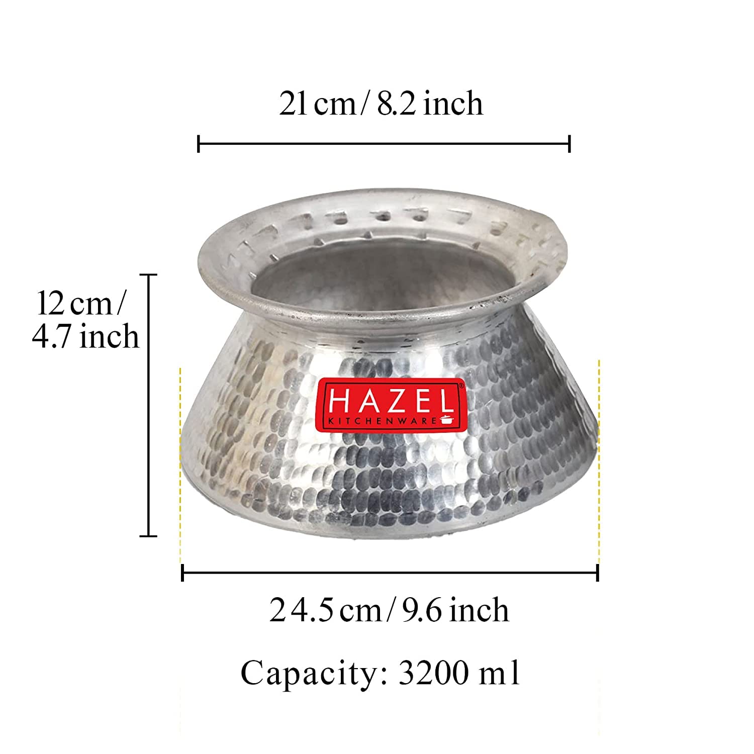 HAZEL Aluminium Handi with Lid 3200 ml | Thick Hammered Biryani Pot | Grocsy