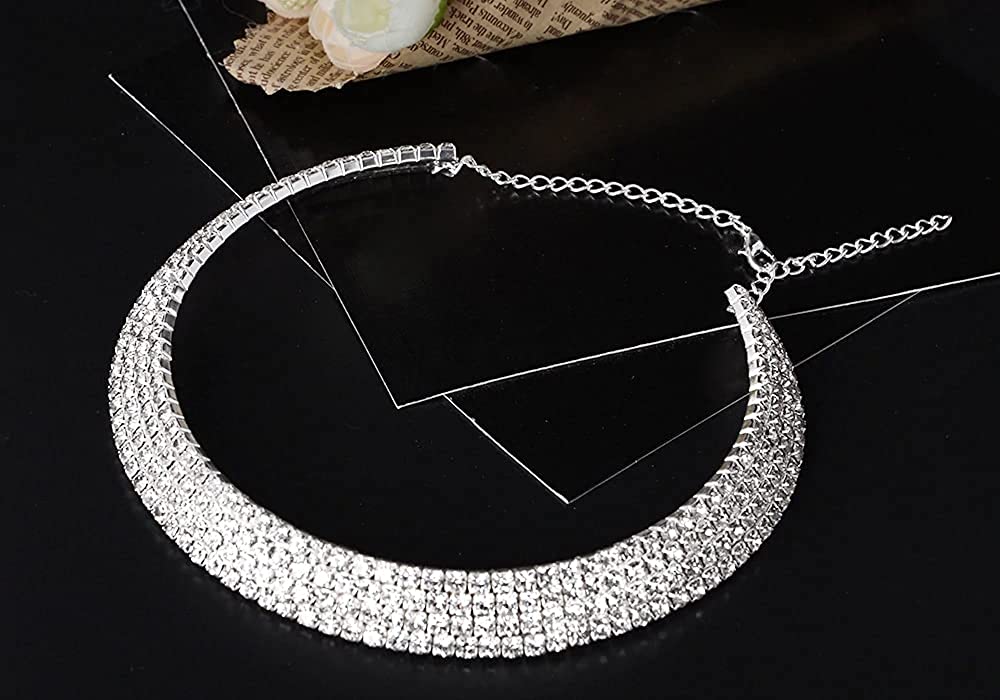 Silver-Toned Alloy Rhinestones Studded Choker Necklace - The Pari | Grocsy