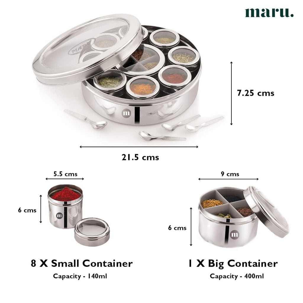 MARU Steel 12-in-1 Spice Box For Kitchen, Durable Masala Dani with Middle Partition Container | Grocsy