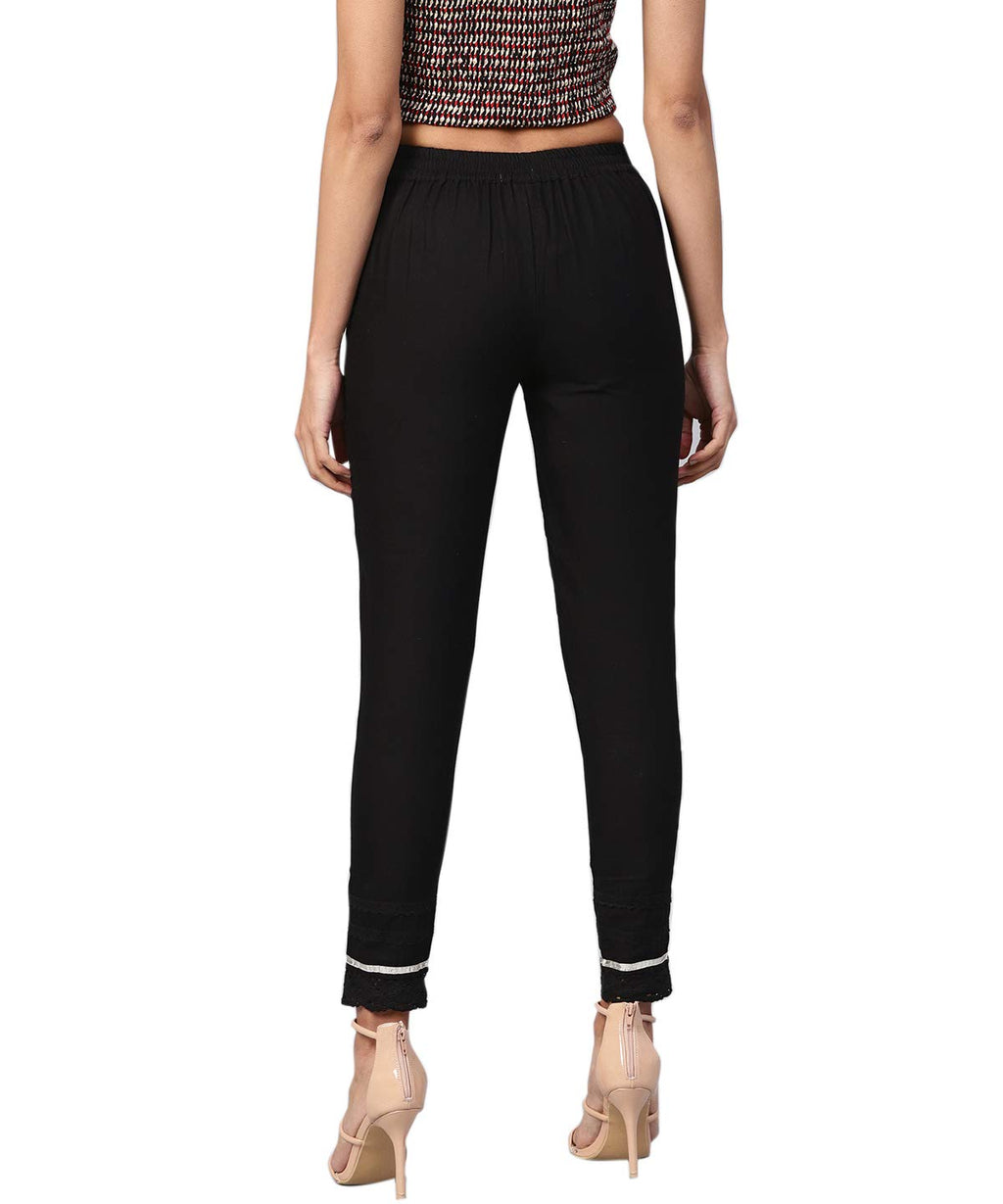 Juniper Women's Black Solid Cotton Flex Straight Fit Pants With Lace & Gota Work | Grocsy