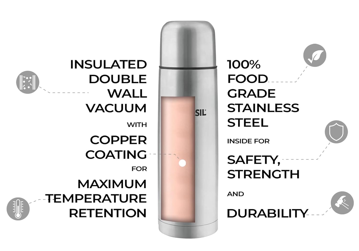 Borosil Hydra Thermo 1000 ml Stainless Steel Water Bottle | Double Wall Vacuum Insulated Flask | Grocsy