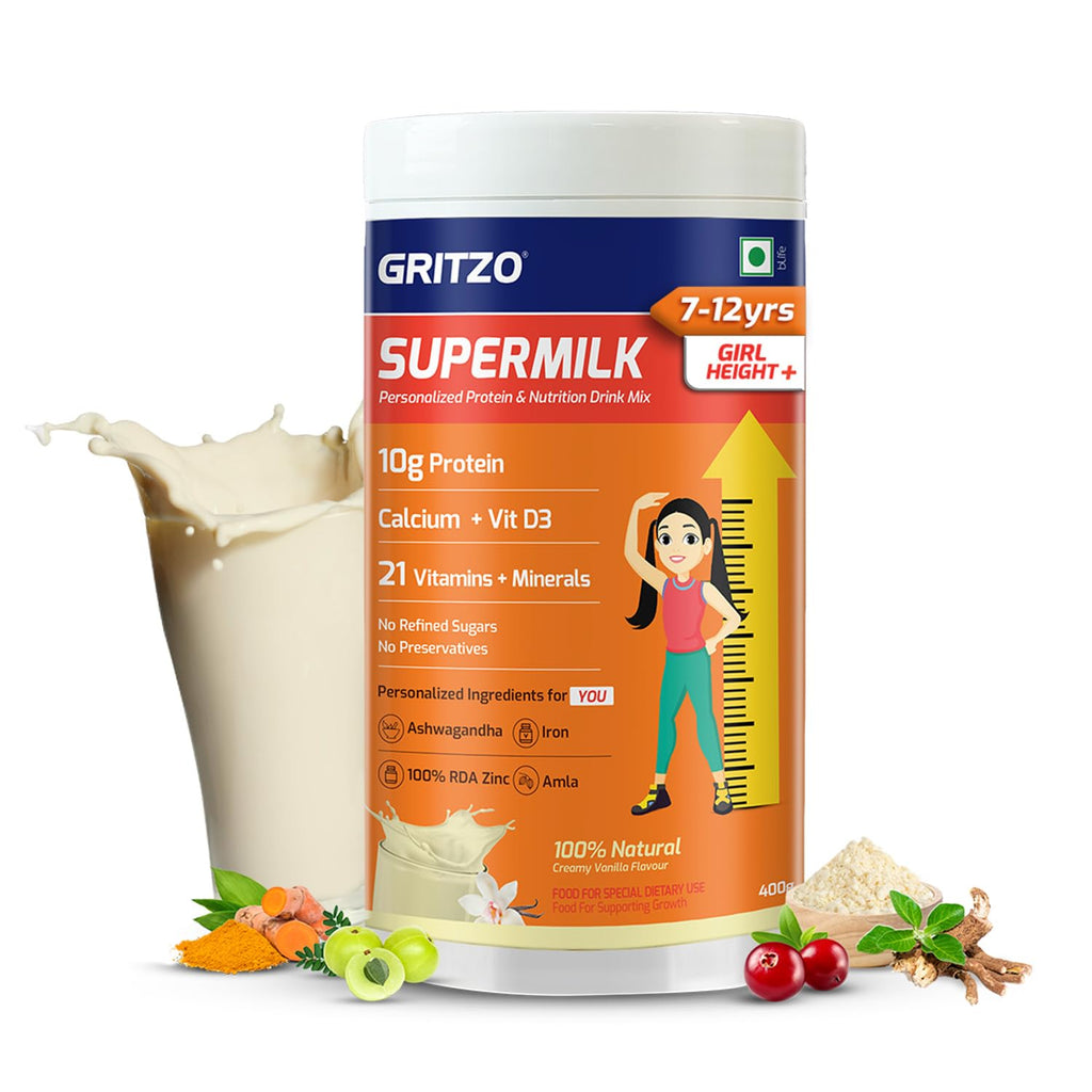 Gritzo SuperMilk Height+ (7-9y Girls), 10g Protein (Creamy Vanilla) | Grocsy