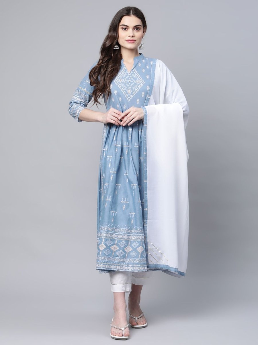 Ahalyaa Women Pastel Blue Pure Cotton Printed Kurta Pant Set With Dupatta | Grocsy