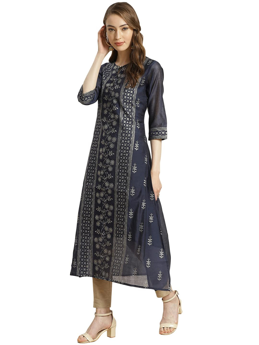 Juniper Women's Indigo Floral Printed Chanderi A-Line Kurta | Grocsy