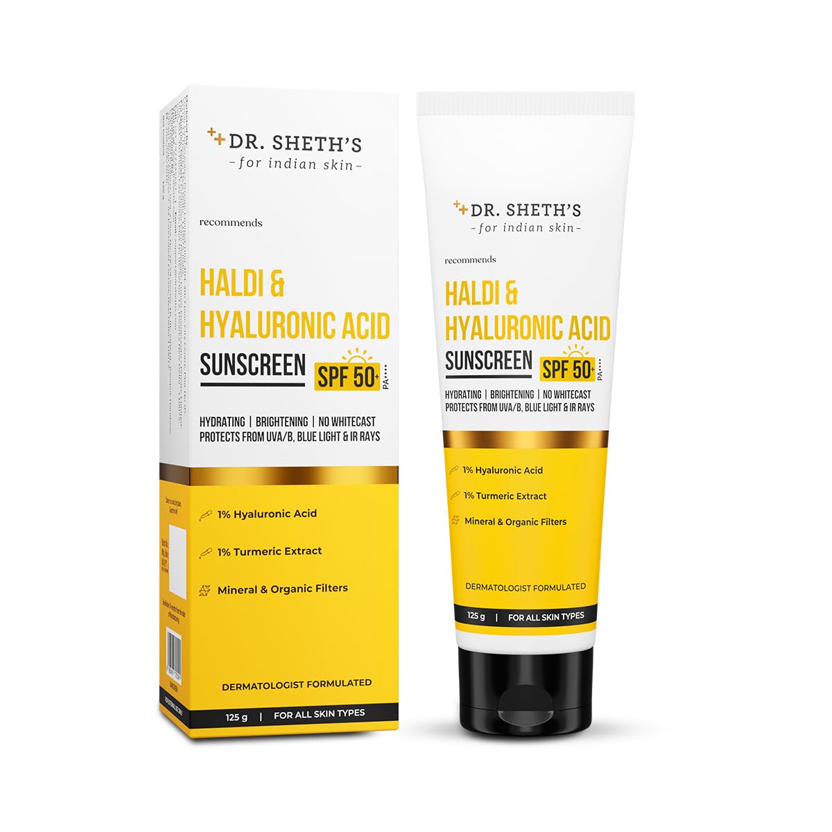 Dr. Sheth's Haldi & Hyaluronic Acid Sunscreen SPF 50+ PA+++ For Hydrating & Brightening Skin, Protects against UVA/UVB & Blue light | Grocsy