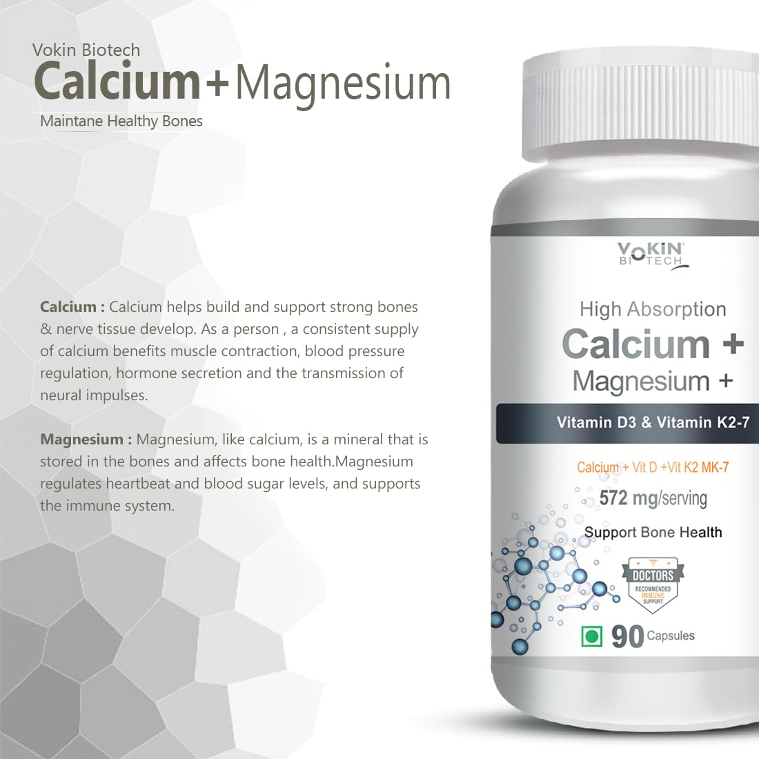 Vokin Biotech Calcium with Magnesium, Vitamin D3 & Vitamin K2- Mk-7 - Support Bone Health- 572mg | Grocsy