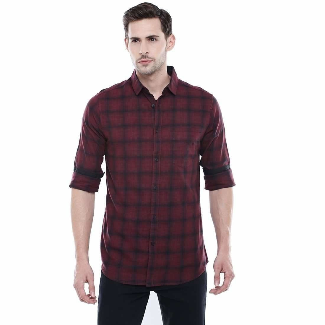 Men's Checkered Maroon Slim Fit Casual Shirt | Grocsy
