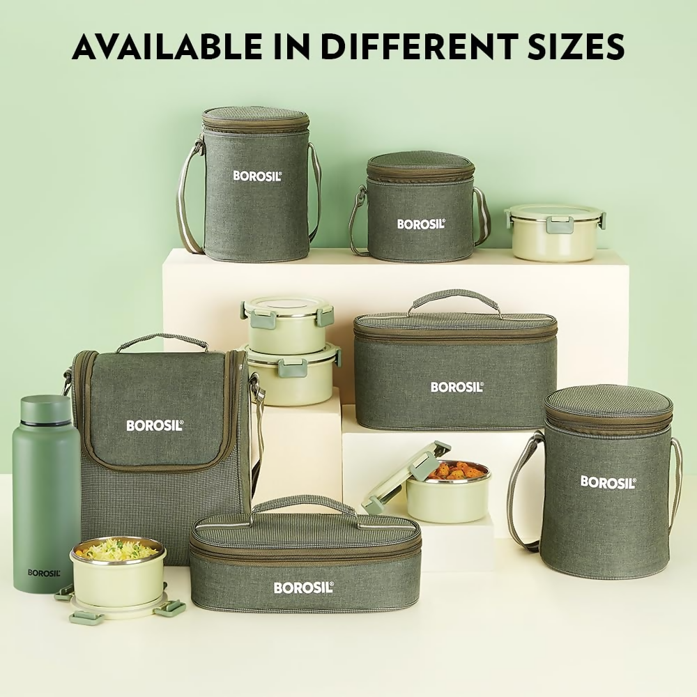Borosil Glory Green Stainless Steel Lunch Box with Bag | Grocsy