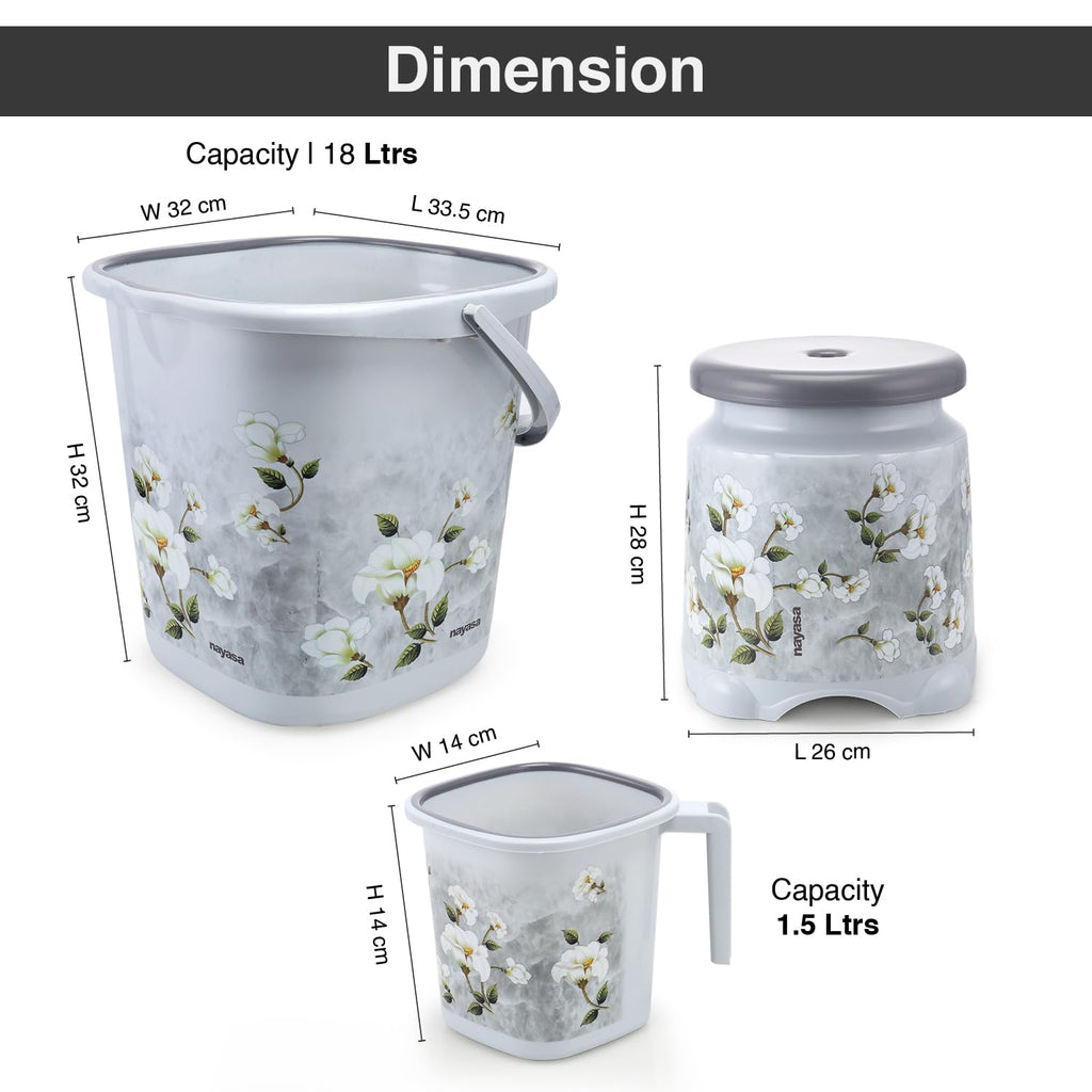 Nayasa Marble 3 Pcs Bathroom Set|Bucket 18 L + Mug 1.5 L + 508 Stool|Grey | Grocsy