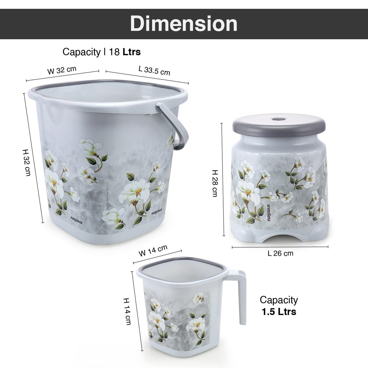 Nayasa Marble 3 Pcs Bathroom Set|Bucket 18 L + Mug 1.5 L + 508 Stool|Grey | Grocsy