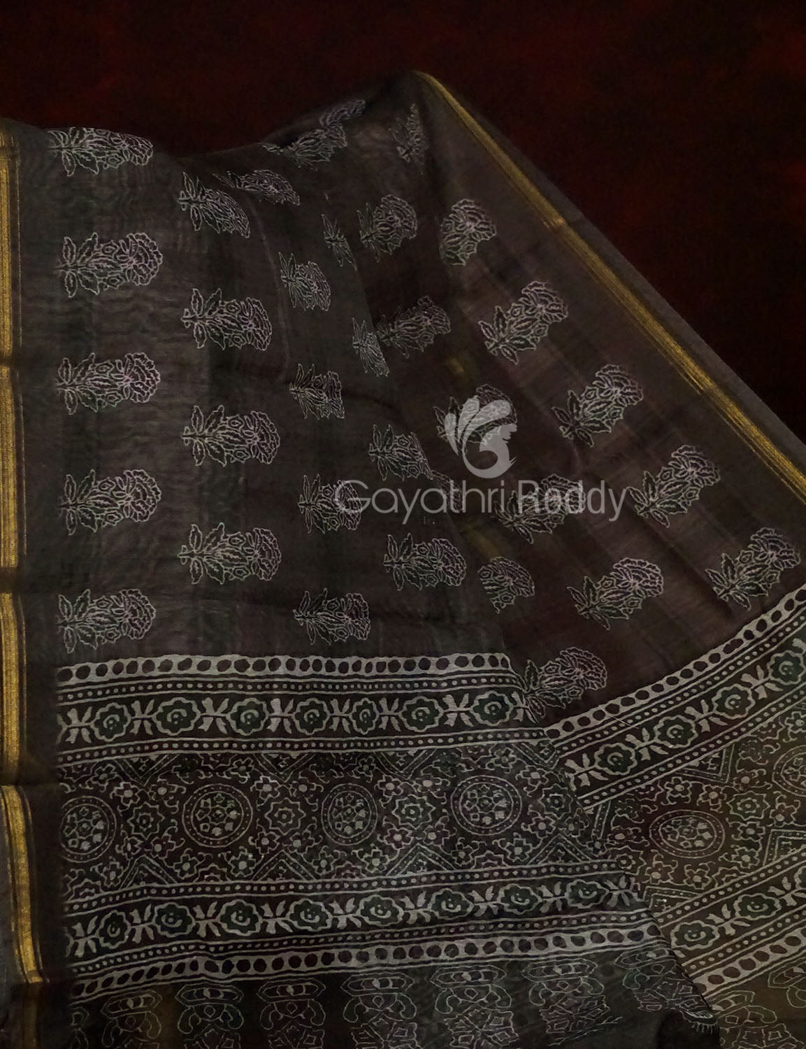Slate Black And Grey Colour Print Design Semi Chanderi Saree By Gayathri Reddy Designer Studio | Grocsy