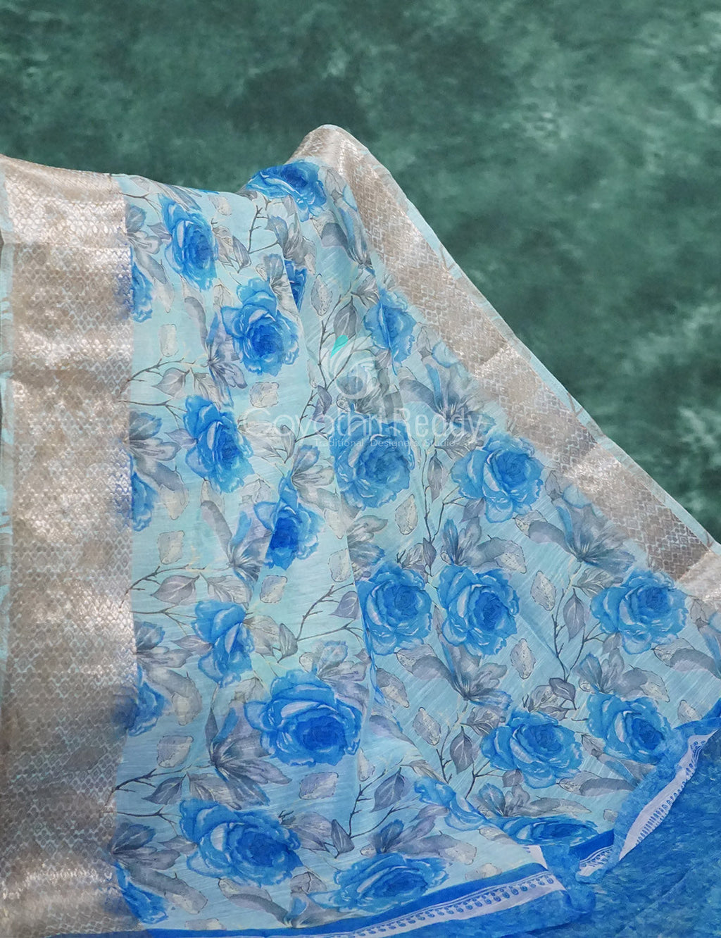 Powder Blue And Dark Blue Coloured Floral Print Semi Chanderi Saree By Gayathri Reddy Designer Studio | Grocsy