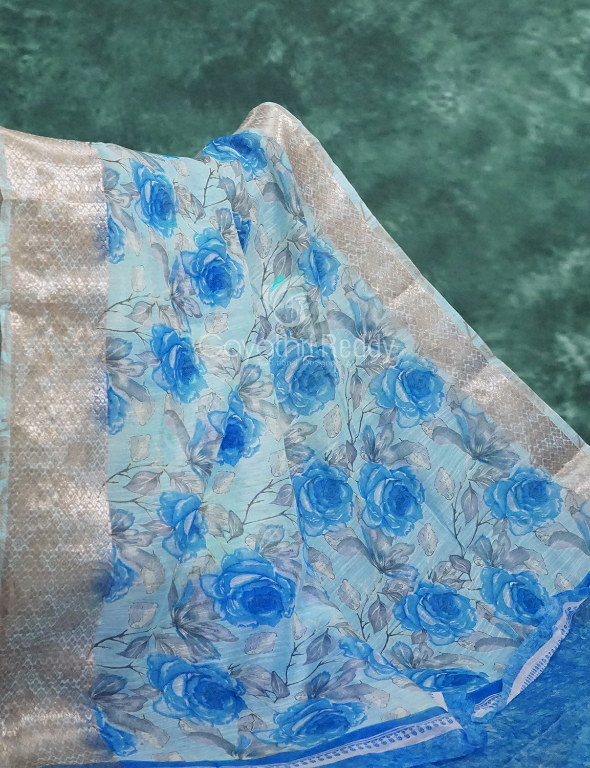 Powder Blue And Dark Blue Coloured Floral Print Semi Chanderi Saree By Gayathri Reddy Designer Studio | Grocsy