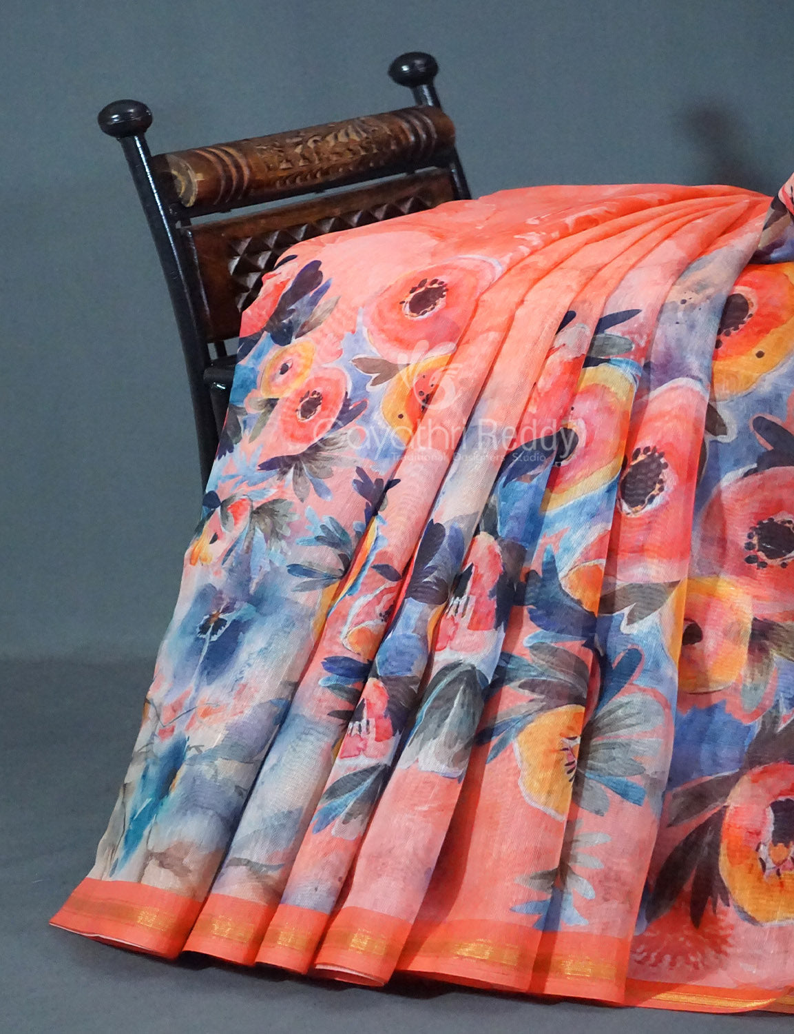 Shades of Tomato Pink Floral Print Semi Chanderi Saree By Gayathri Reddy Designer Studio | Grocsy