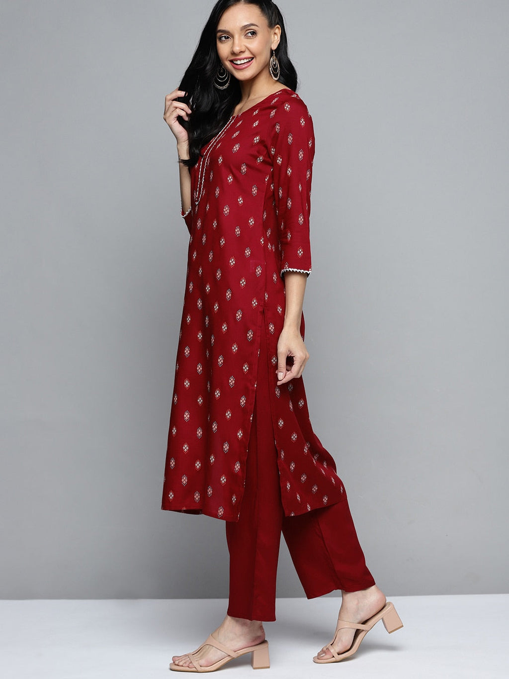 HERE&NOW Women Maroon Ethnic Motifs Printed Regular Kurta with Palazzos | Grocsy