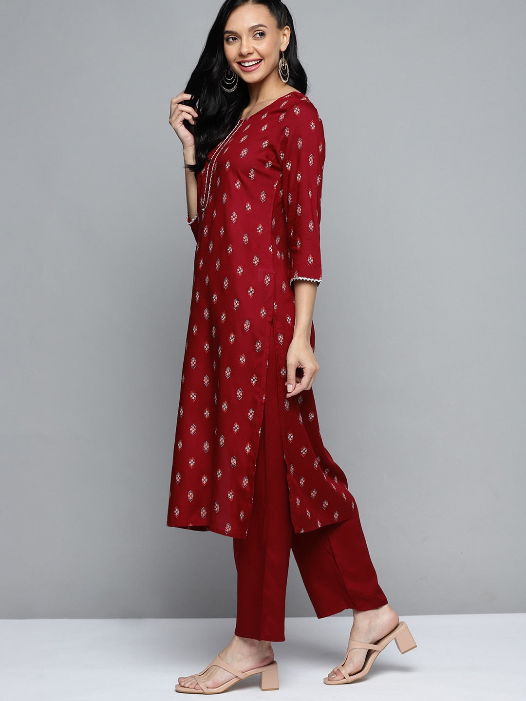 HERE&NOW Women Maroon Ethnic Motifs Printed Regular Kurta with Palazzos | Grocsy