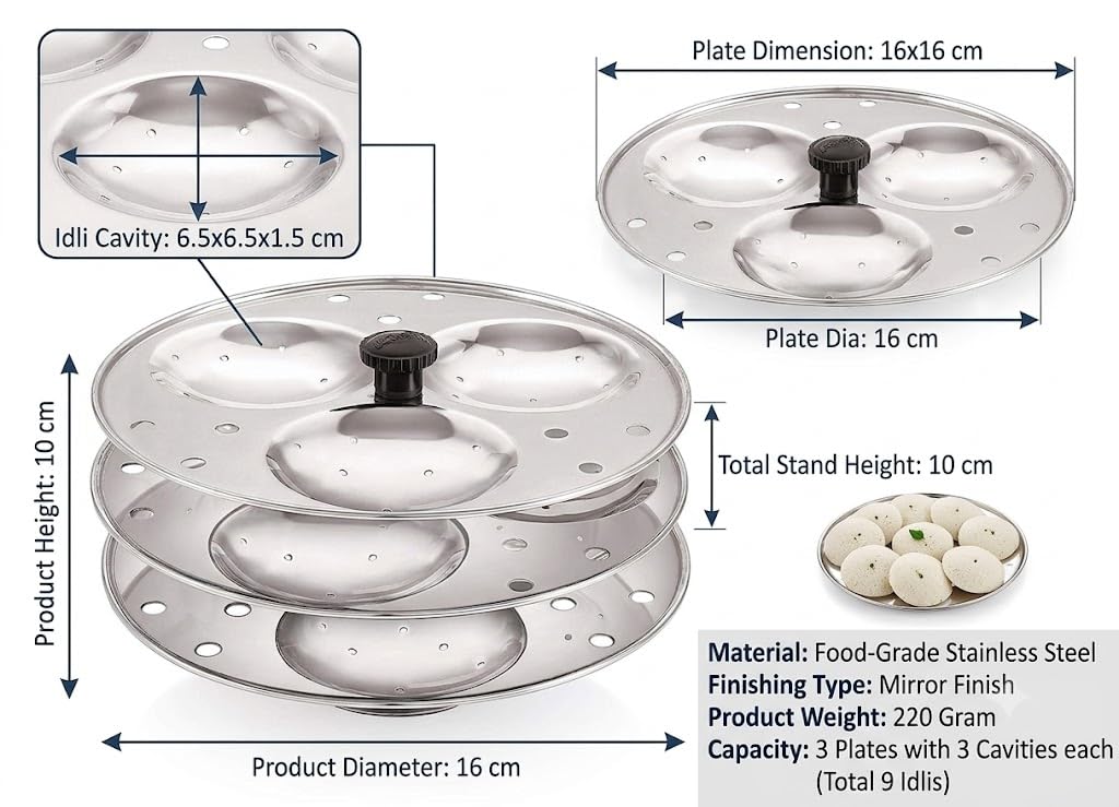 Dynore Stainless Steel Idli Stand Idli Maker 3 x 3 Plates (9 Idli), 9 liter, Silver | Grocsy
