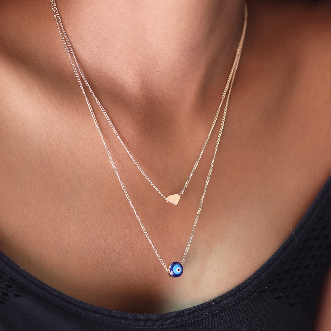Gold-Toned Alloy Heart & Evil Eye Necklace - The Pari | Grocsy