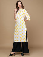 HERE&NOW White & Yellow Floral Printed Sequined Pure Cotton Kurta | Grocsy