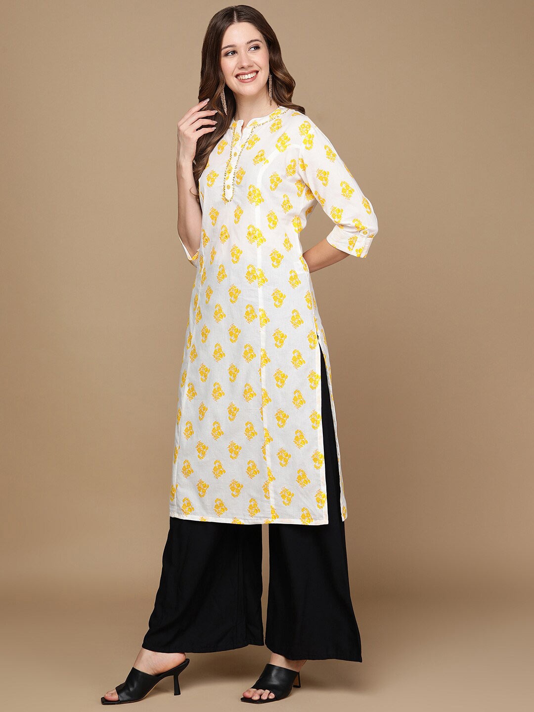 HERE&NOW White & Yellow Floral Printed Sequined Pure Cotton Kurta | Grocsy